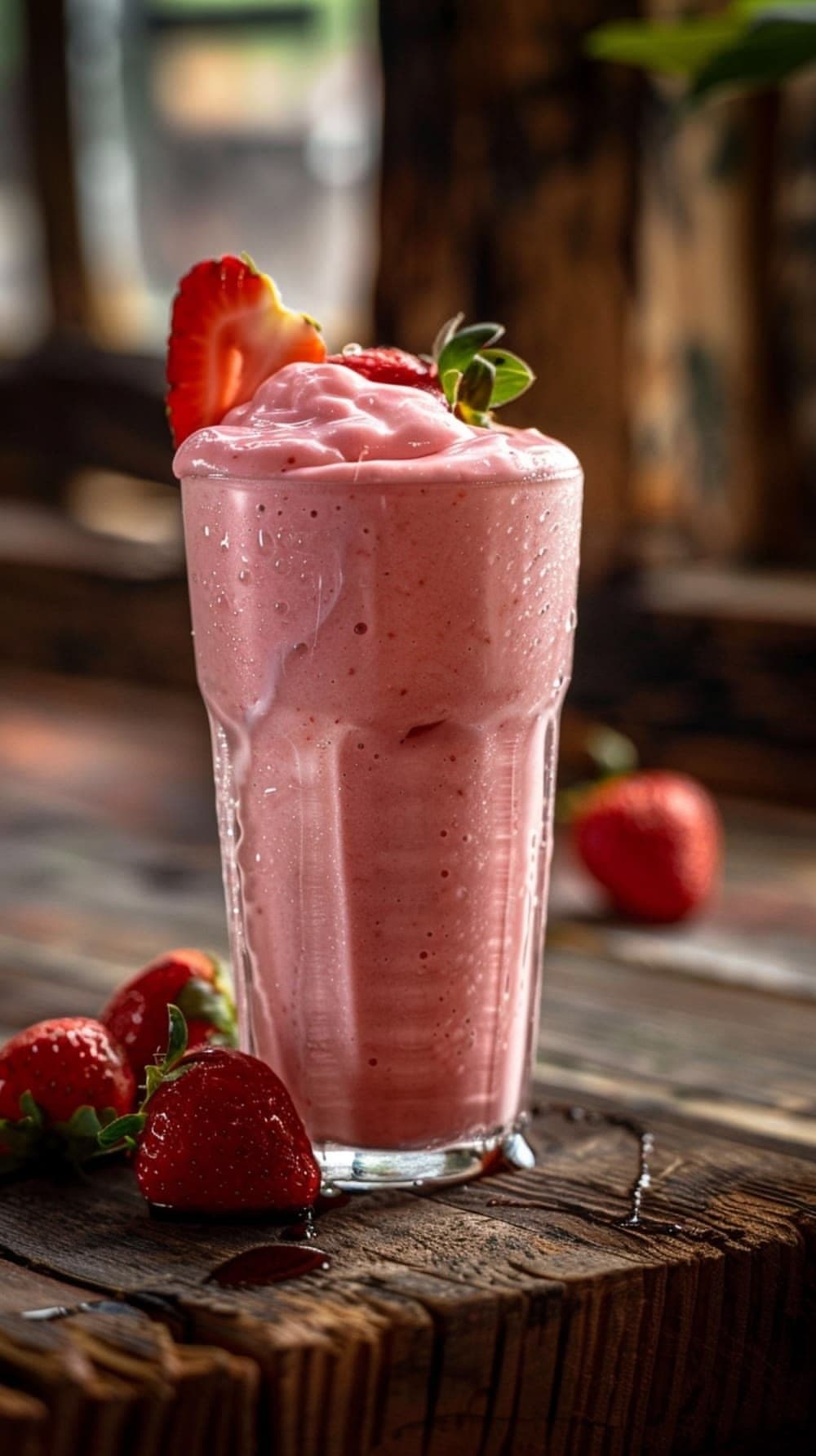 Erdbeer-Shake im Glas mit frischen Erdbeeren