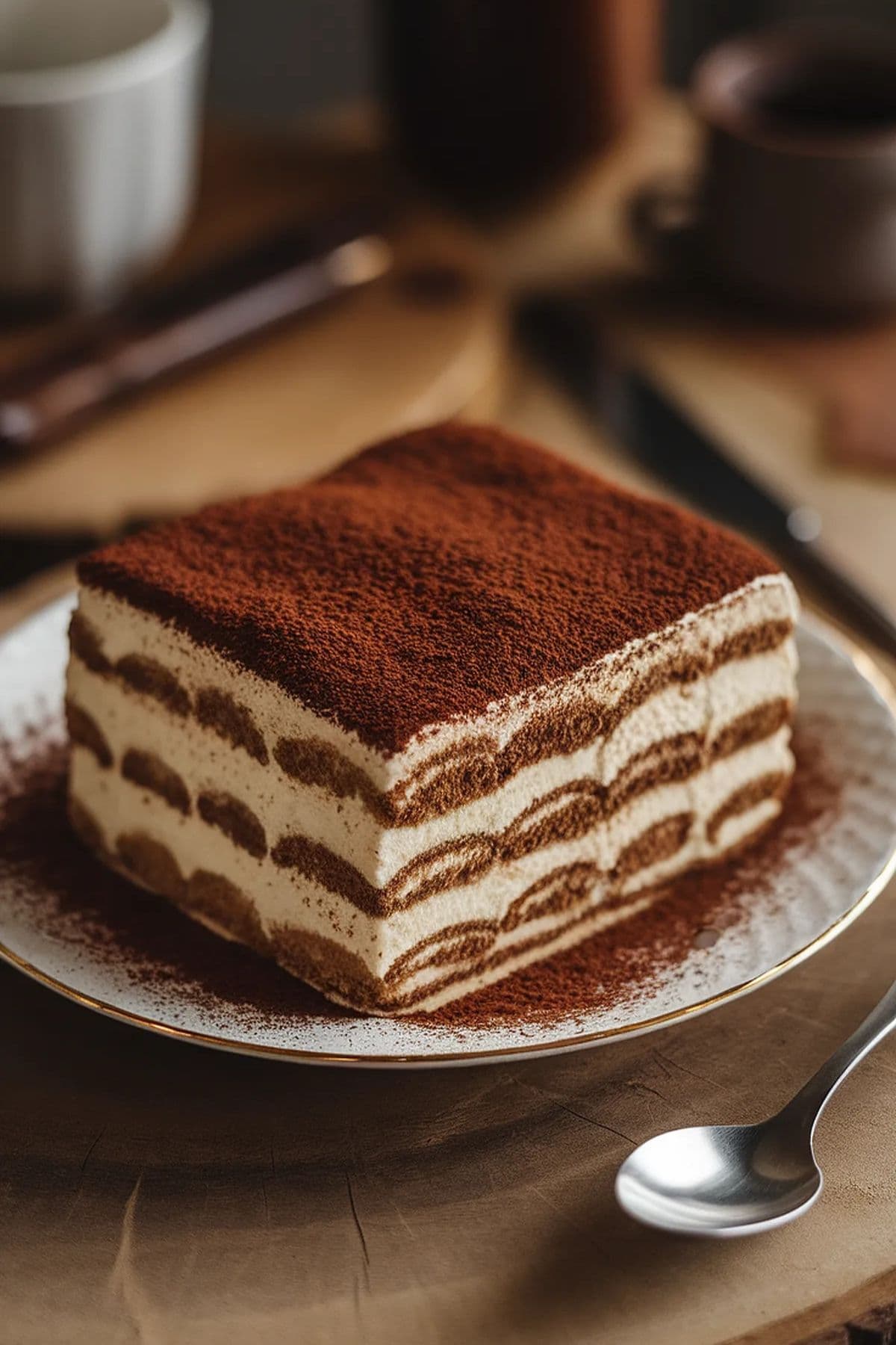 Ein Stück Tiramisu mit Kakao auf einem Teller